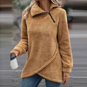 Womens Fleece Winter Keep Warm Jumper Topps Lapel Zip Neddy Bear Pullover Sweatshirt Bekväma klädkläder för vardagen 240106