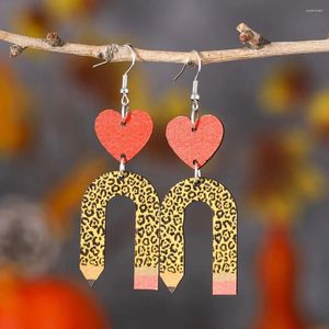 Dangle Earrings Fashion Leopard Pattern U-Shaped Pencil Red Heart Pendant For Women Teacher Double-Sided Wooden Gift Jewelry