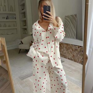 Women's Sleepwear Cotton Pajamas Set Lady Long Sleeve Nightwear Button Down Shirt&pants Casual Trousers Suit 2Pcs Print Love Pyjamas Home