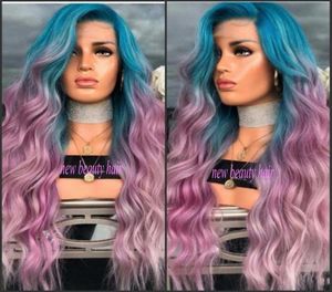 Ny mode peruca cabelo djup lång kropp våg hår peruker kändis stil blå ombre rosa lila syntetiska spets front peruk för kvinnor3992147