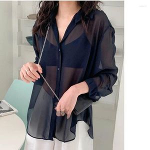 Camicette da donna Chiffon Protezione solare Donna Camicia bianca nera Bottoni a maniche lunghe Camicetta sottile Abbigliamento casual coreano chic allentato