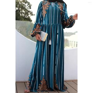 Abbigliamento etnico Le gonne lunghe da donna musulmana stampate in velluto dorato a maniche lunghe blu sono larghe e casual Abaya Femme.