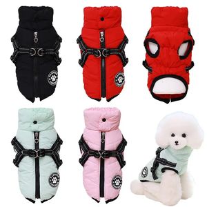 Inverno pet jaqueta com arnês cão colete roupas à prova dwaterproof água filhote de cachorro casaco quente para pequenos cães médios traje chihuahua teddy outfits 240106