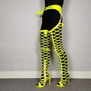 Sandals Hollow Out Over The Knee Waist Pants Boots Neon Yellow Fashion Peep Toe Long Sandal Sexy Women Summer Party Shoes