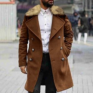 Men's Autumn Fashion Fur Collar Double Breasted Trench Coat Long Woolen Coat Top Windbreaker Jacket Winter Windbreaker Outdoors 240106