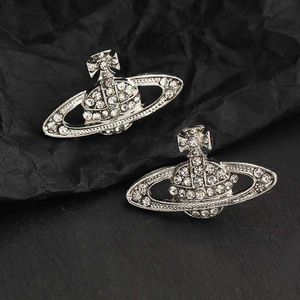 Stud Earrings Western Empress Dowager Silver Saturn Water Drops Long Sparkling Diamond Crystal Ear Studs Clip Two Wear Style Fashion for Women Jewelry 6ttf