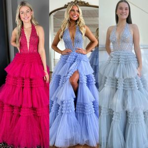 Halter Ballgown Formal Party Dress 2K24 Deep V-Neck Glitter Tulle Lady Pageant Prom Evening Event Gala Cocktail Red Carpet Dance Gown Photoshoot Fuchsia Pink Grey
