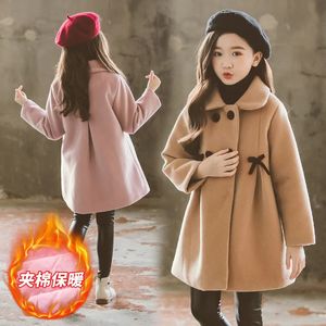 Warm Outerwear Fashion Winter Girls Woolen Coats Kids Windproof Clothing Woolen Solid Colour Jackets Teens Long Coats 240106