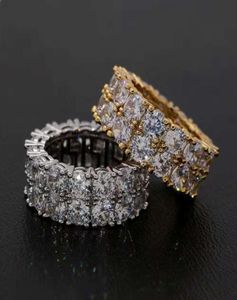 Anel de diamante completo de hip hop para homens e mulheres, anel de pedra lateral com fileira dupla ocidental, banhado a ouro real, strass, cobre, joia 4215596