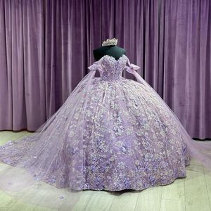 Lavendel Illusion weg von der Schulter Ballkleid Quinceanera Kleider Applikation Spitze Kristall Perlen Bänder Korsett Vestido De 15 Jahre