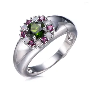 Cluster Rings Chrome Diopside And Opal Rhodolite Rhodium Over Sterling Silver Ring