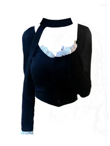 Женские футболки Корейская мода Повседневные футболки Тонкие рукава с пышными рукавами на шнуровке Черный укороченный топ Эстетические футболки с v-образным вырезом 2000-х годов в стиле пэчворк Уличная одежда Y2K
