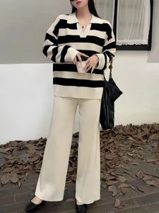 2024 Spring Retro Women Sweater Set Casual Pullovers Suits Striped Sticked Long Sleeve Elegance Topps Elastic Wide Leg Pants 240106