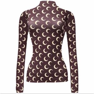 marine Moon Based Shirt Spring and Autumn Printed Long Sleeved Sun Protection with Ice Silk Lining T-shirt Undershirt Women's tight fitting clothing Underlay top XTZI
