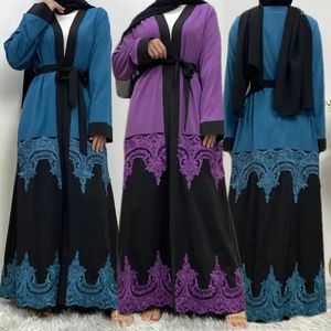 Roupas étnicas Dubai Bordado Frente Aberta Cardigan Vestido Muçulmano Abaya Turco Kaftan Cinto Robe Vestido Islâmico