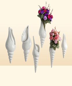 Vase 3タイプモダンホワイトセラミックシェルシェルコンチフラワー花瓶の壁吊りホーム装飾リビングルーム背景装飾4587439