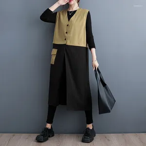 Women's Vests 2024 Arrival Korea Japanese Style V-neck Patchwork Loose Long Autumn Outwear Vest Coats Fashion Women Spring Casual