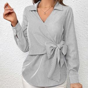 Женские блузки, осенне-зимние вертикальные полоски, тонкие винтажные футболки большого размера с длинными рукавами для женщин, топы для бега, женские топы