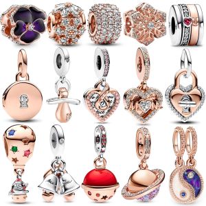 Sparkling 925 Sterling Silver Rose Gold Balloon Bells Palllock Heart Baby Pacifier Sea Shell Pearl Charm Fit Pan Armband