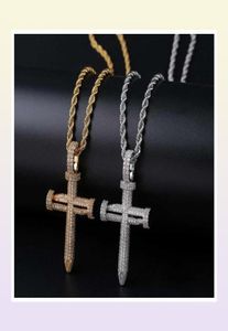 hip hop nail cross diamonds pendant necklaces for men luxury crystal pendants copper zircons 18k gold platinum plated lovers chain8450228