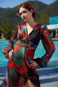 Casual Dresses Elegant High Slit Midi Beach Party Dress V Neck Sexy BodyCon Night Women Black Red Long Sleeve Summer 2024