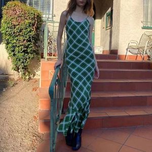 Casual Dresses Women Vintage Style Sexy Strapless Green Geometric Print Slim Fit Long Silk Dress