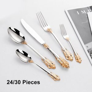 24/30Pieces acier inoxydable tableware cutlery set luxury gold cutlery pratos de jantar conjunto fork dining table set garfo 240106