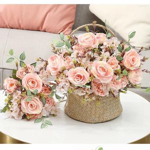 Decorative Flowers Simulation Roses Bouquet Cafe Silk Fake Purple Red Rose Peony Hydrangea Bouquets Wedding Decoration Floral