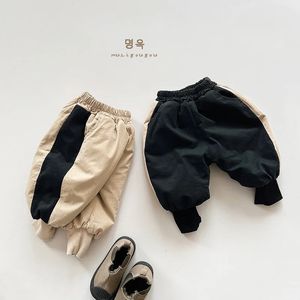 Autumn Korean Winter Chidlren Boy Trouser Cotton Fleece Thick Spliced Casual Elastic Waist Kids Sweatpant 240106