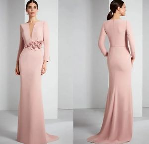 Pink Mother Elegant Of The Bride Dress 2024 V Neck Long Sleeves Wedding Party Gowns 3D Flowers Floor-Length Robe Fete De Mariage