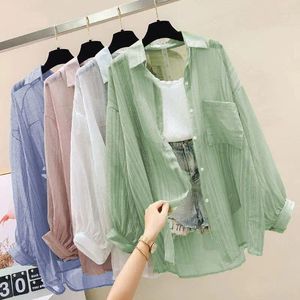 Kvinnors blusar Chiffon Button Sunscreen Shirts Long Sleeve Cardigan Harajuku Thin Korean Fashion Loose Casual Jacket White Shirt Topps