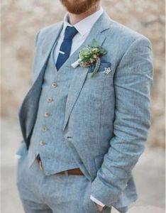 Ceketler Açık Mavi Keten Düğün Takımları Erkekler İçin Plaj Terno İnce Fit Damat Özel 3 Parça Smokin Suit Vestidos (Ceket+Pantolon+Yelek)