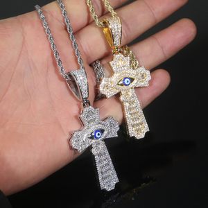 Luxury Designer Blue Evil Eye Ankh Cross Charm Pendant Necklace with Rope Chain Hip Hop Women Men Full Paved 5A Cubic Zirconia Boss Men Gift Jewelry