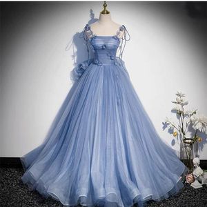 Elegant Long Dusty Blue Tulle Evening Dresses With Hand Made Flowers A-Line Spaghetti Pleated Zipper Back Watteau Train Prom Dress Party Dresses for Women