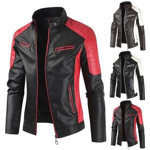 Mäns Winter Pu Jacket Motorcykel Vattentät coola kontrastfärger Classic Biker Läderjacka Motor Autumn Coat 240106