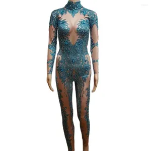 Stage Wear Blu Maniche Lunghe Collo Alto Brillanti Strass di Cristallo Tute Sexy per Le Donne Cantante Esegui Costumi Party Club Panno