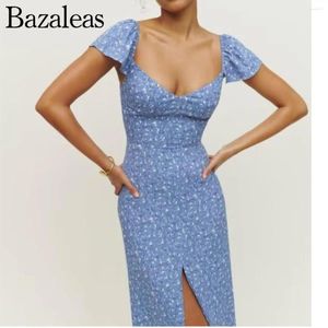 Vestidos de festa 2024 mulheres elegantes verão split senhoras midi boné manga azul floral vestido de impressão