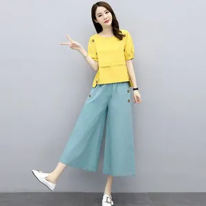 Arbetsklänningar 2024 Summer Casual Cotton Linen Women Two Piece Set Fashion O Neck Short Sleeve Tops Wide Ben Pants Suits Solid Loose Outfits