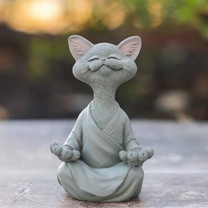 Meditação gato escultura decoração do jardim resina yoga sentado zen casa ornamento ao ar livre estatueta decorações 240108