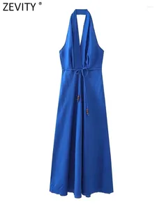 Casual Dresses Zevity 2024 Women Fashion Sleeveless Solid Color Front Pleats Halter Linen Midi Dress Female Chic Backless Belt Vestidos