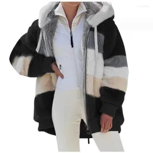 女性用ジャケット2024秋と冬の暖かいぬいぐるみジッパーポケットフード付きルーズコート女性ジャケット
