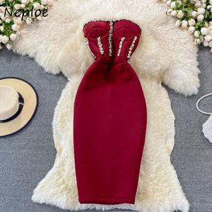 Neoe Party Dress Red 2024 Strapless Tight Top Sexy Women's Dress Vestido De Festa Diamond Robe 240108