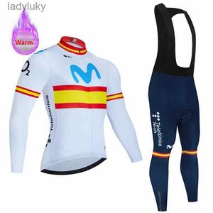 Cykeltröja sätter Movistar Winter Warm Thermal Fleece Set Cycling Clothes Bicycle Jersey Sports Spanien MTB Bike Clothing Maillot Ciclismo Hombrel240108