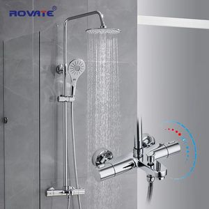 ROVATE Thermostatic Shower Systems with Rain and Adjustable Handheld ShowerBathroom Set Fixtures 240108