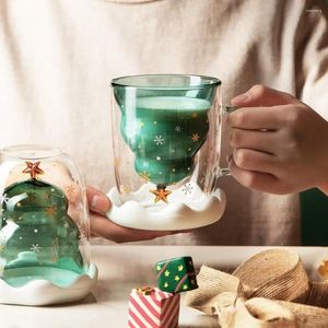 Muggar dubbel värmebyggt glas julgran kopp kreativ transparent mugg snö flingor dricka kaffekoppar gåvor