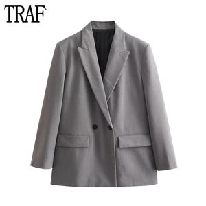 ONKOGENE Grauer Oversize-Langblazer für Damen, zweireihiger Blazer für den Herbst, Bürojacke, maskuline Frau 240108