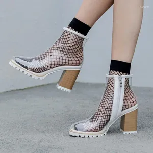 Boots Arrivals Clear PVC Socks Ankle Round Toe Side Zipper Square Heel High Platform Thick Sole Customized Rain