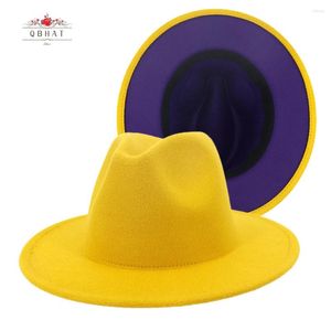 Berets QBHAT Gelb Lila Patchwork Wollfilz Jazz Fedora Hüte mit Gürtelschnalle Männer Frauen Breite Krempe Panama Cap Cowboy Trilby Hut