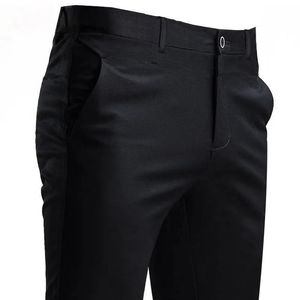 Męskie spodnie do garnituru rozciąganie inteligentne swobodne spodnie kieszeń solidny kolor prosty do noszenia pełna długość domu czarna sukienka 240106