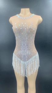 Sahne Giyim Çıplak Parlayan Crystal Rhinestones Tassel Seksi Kolsuz Bodysuits Kadınlar Gece Kulübü DJ Giyim Prom Şarkıcı Kostümleri